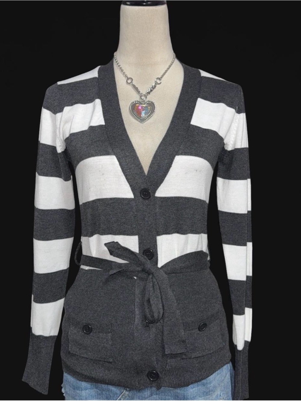 Women's Gray and White Striped V-Neck Belted Cardigan